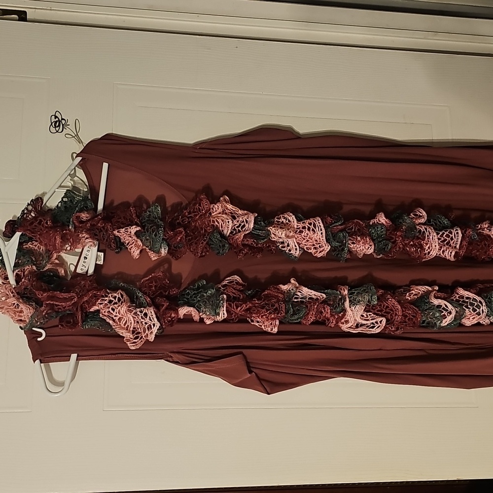Mauve cold shoulder top with handmade crocheted scarf